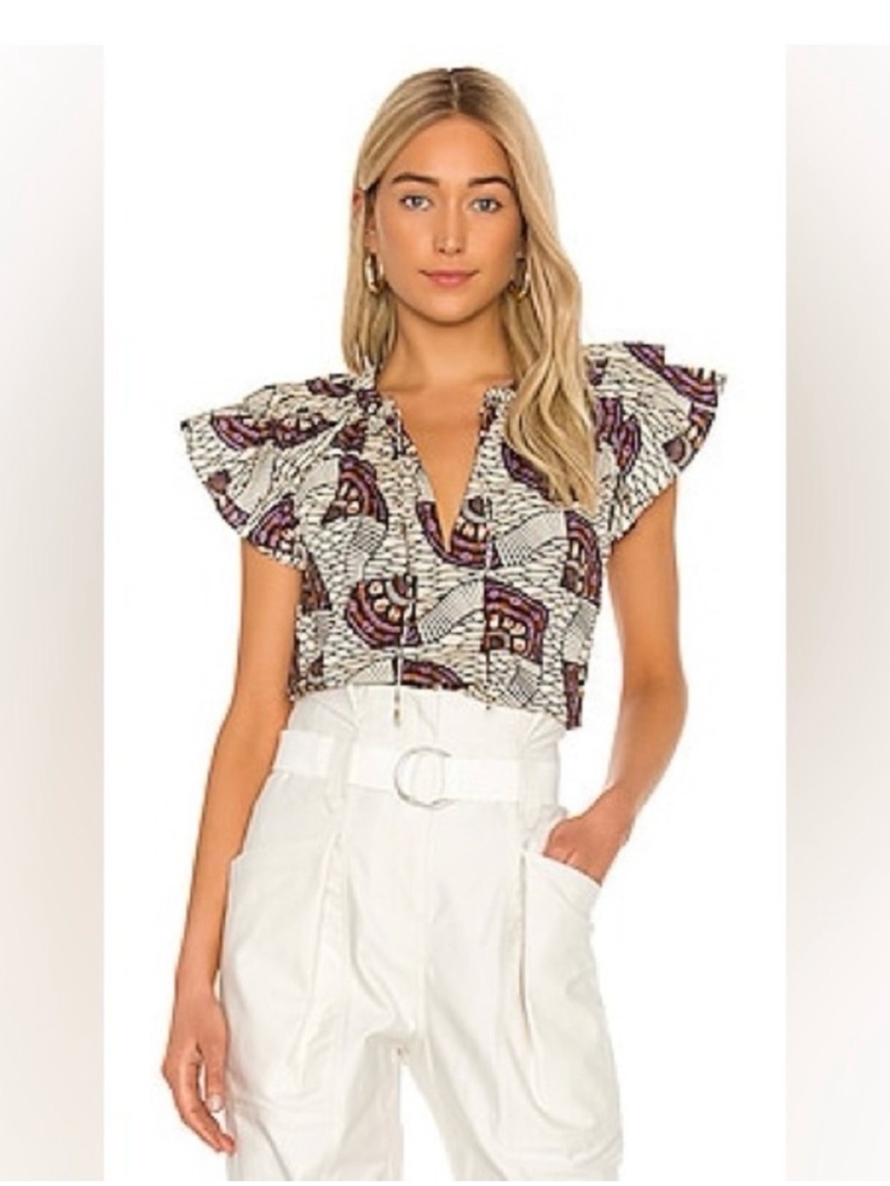 Ulla Johnson Elm Printed Flutter Sleeve Cotton Top in Cream and Purple